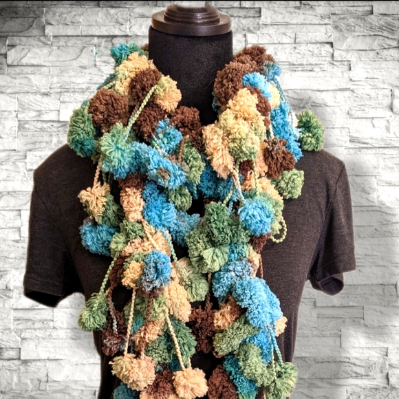 Handmade Fluffy Scarf by me!! Super Soft Puff Balls Green Aqua Blue Brown - Picture 7 of 12